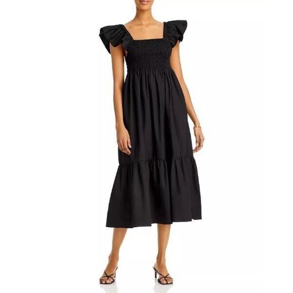 Aqua AT21WDR00153 Women's Sz Small Black Smocked Flutter Sleeve Midi Dress - Picture 1 of 8